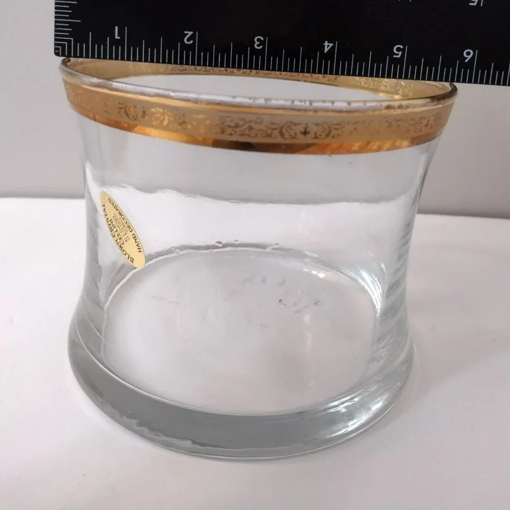 Vintage CELLINI Blown Crystal Bowl / Glass Ice Bucket, 24Kt Gold Trimmed Rim 6